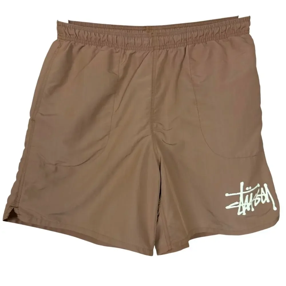 Stussy Big Basic Brown Water Shorts Men's Medium Tour Logo Swim Trunks Lined